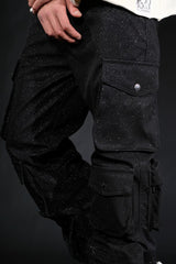 VISIOUS SHINY COATED MULTI CARGO RELAXED STRAIGHT JEANS VC679 BLACK