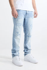 M.SOCIETY MEN'S STACKED FIT RIP AND REPAIR JEANS LT BLUE MS-80411