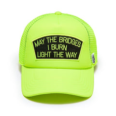 MAY THE BRIDGES I BURN" MESH BACK TRUCKER HAT (624BC-CH53) NEON YELLOW