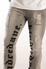 KINDRED JEANS RHINESTONE LETTER DENIM STACK JEANS KD2211 GREY