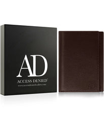 Cartera de identificación triple de cuero genuino con acceso denegado para hombre, con bloqueo RFID, marrón guijarro