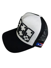 GORRA DE CAMIONERO DOMINOES CON CÓDIGO DE ÁREA 787 PR 100025 BLANCA/NEGRA