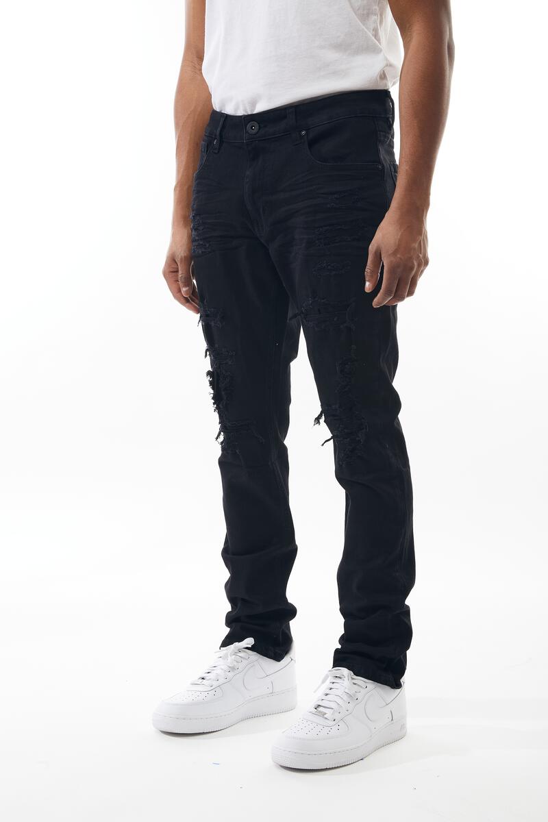 M SOCIETY Denim Jeans W/Rips & Repair MS-80326 JET BLACK