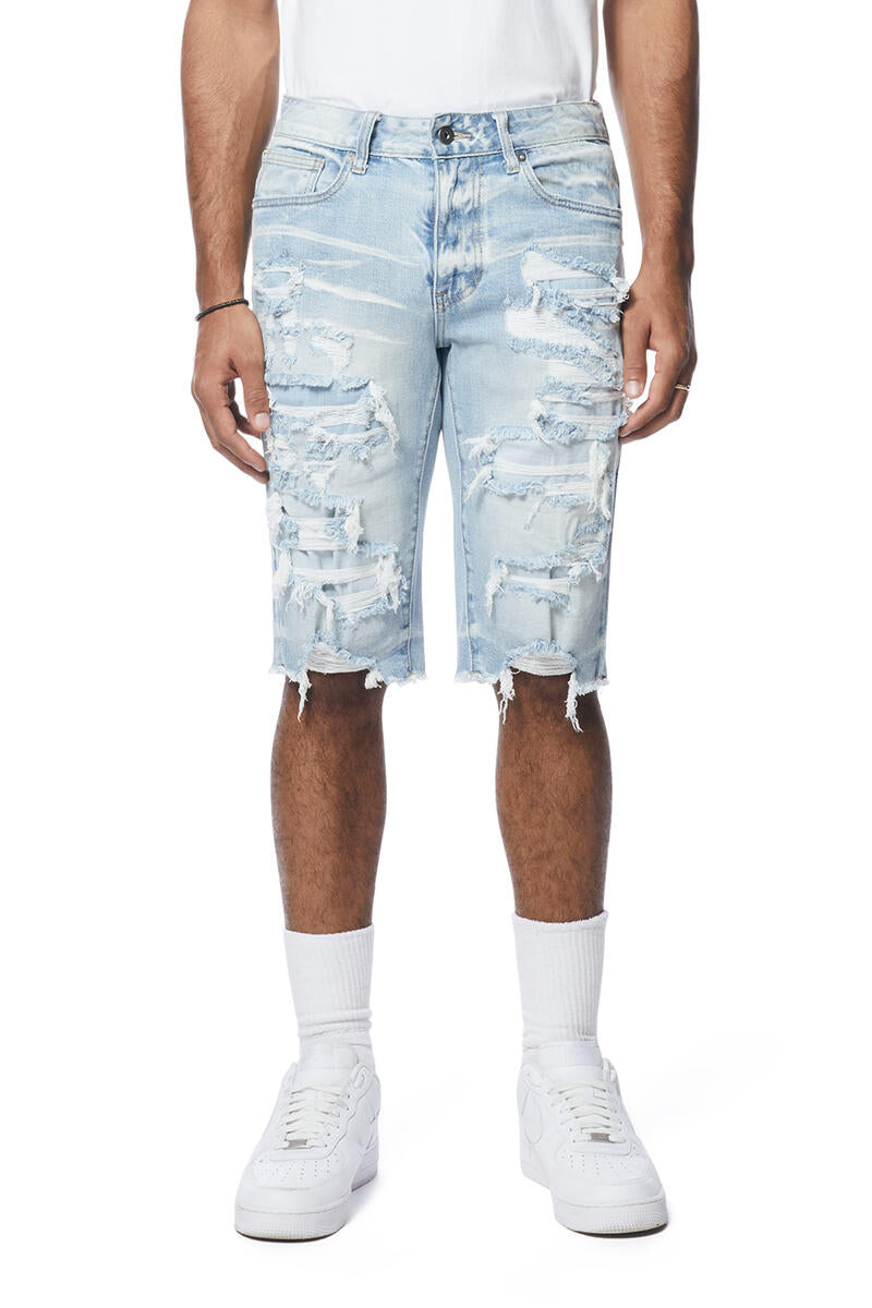 SMOKE RISE DISTRESSED RIP & REPAIR DENIM SHORT JS21121 SANTORINI BL