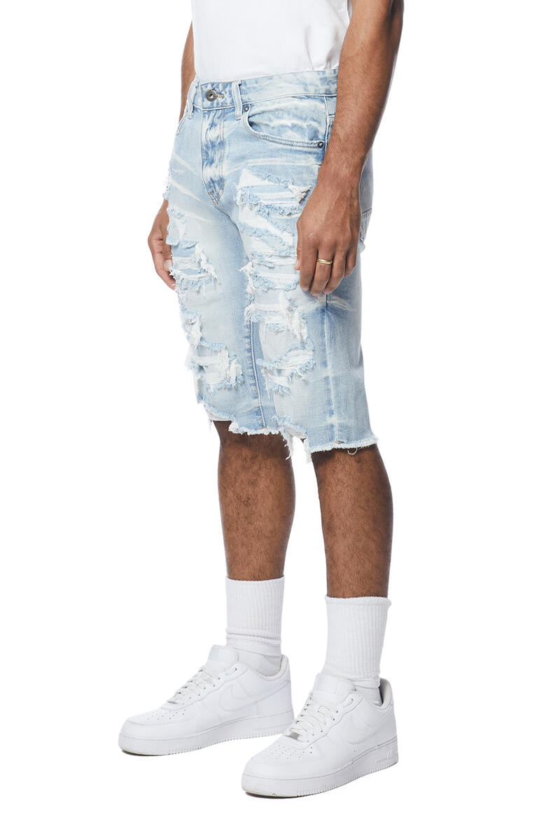 SMOKE RISE DISTRESSED RIP & REPAIR DENIM SHORT JS21121 SANTORINI BL