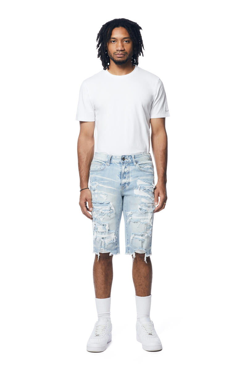 SMOKE RISE DISTRESSED RIP & REPAIR DENIM SHORT JS21121 SANTORINI BL