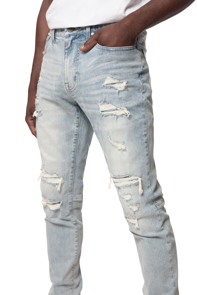 SMOKE RISE RIP & REPAIRED COLOR JEANS JP23532 NATICK BLUE