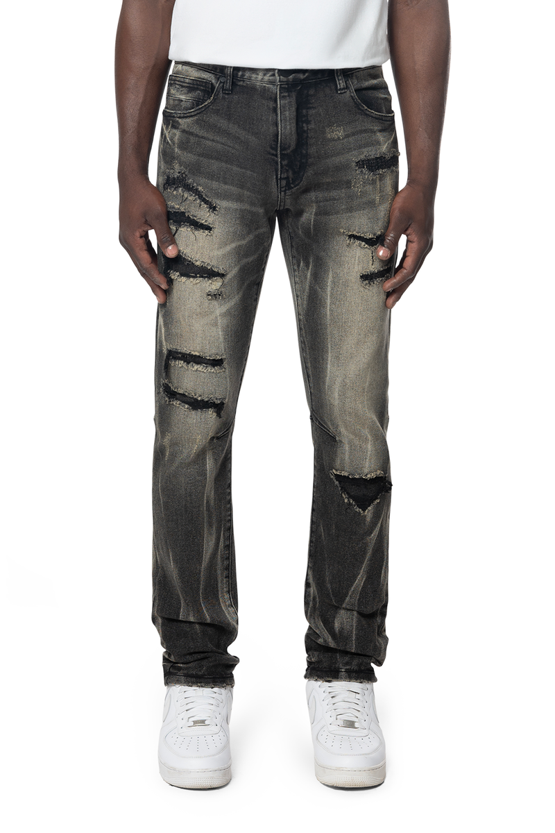 SMOKE RISE RIP & REPAIR VERTICAL LIGHTNING EFFECT JEANS JP24503 BLACK DUST