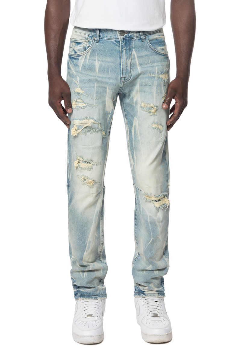 SMOKE RISE RIP & REPAIR VERTICAL LIGHTNING EFFECT JEANS JP24503 SEYMOUR BLUE