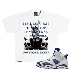 NOVEMBER ITS A LONG WAY TO THE TOP" HEAVYWEIGHT LUXURY T-SHIRT WHITE NAVY