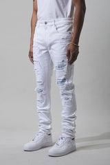 M SOCIETY Men's Denim Jeans W/ Rips & Repairs MS-80349 WHITE