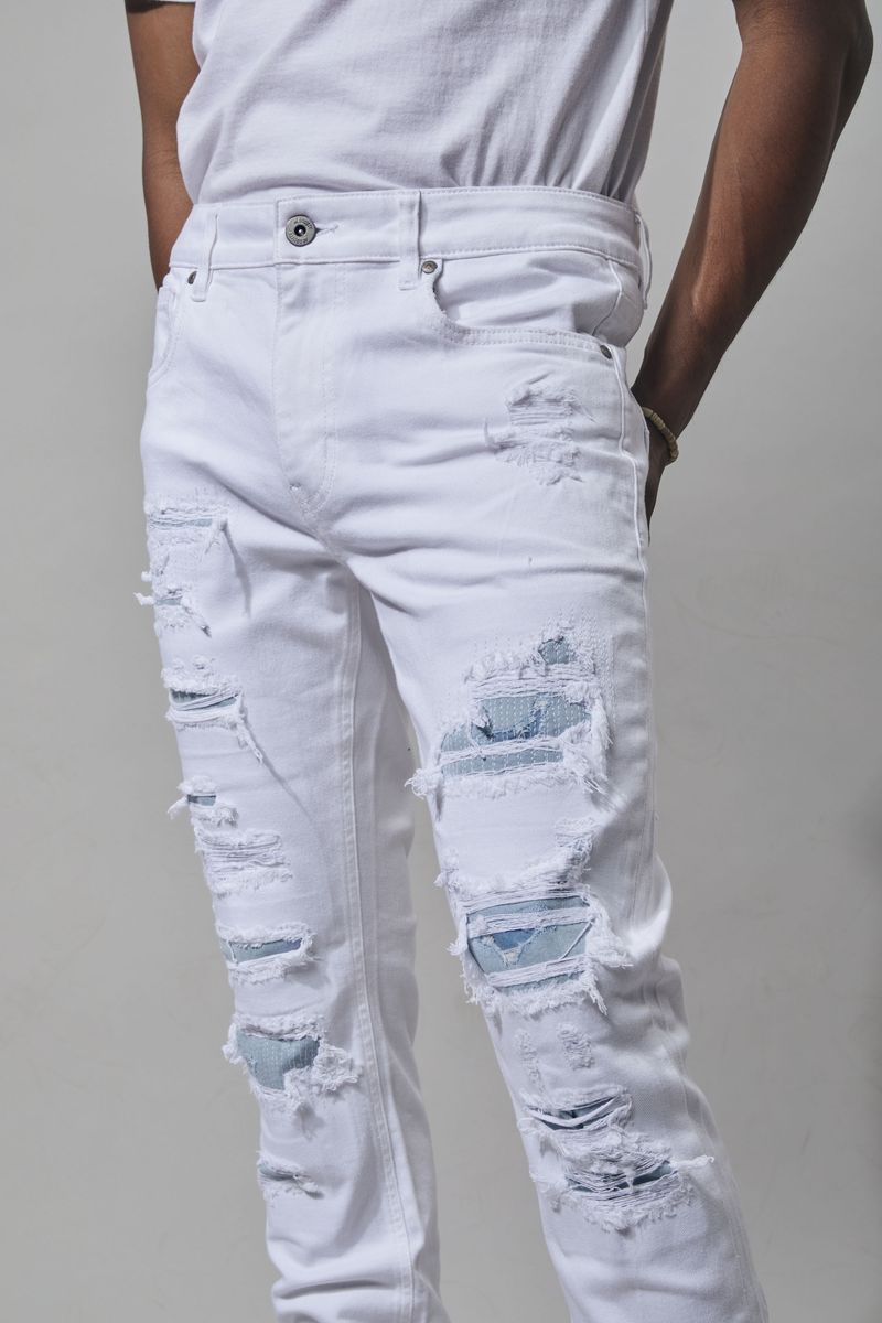 M SOCIETY Men's Denim Jeans W/ Rips & Repairs MS-80349 WHITE