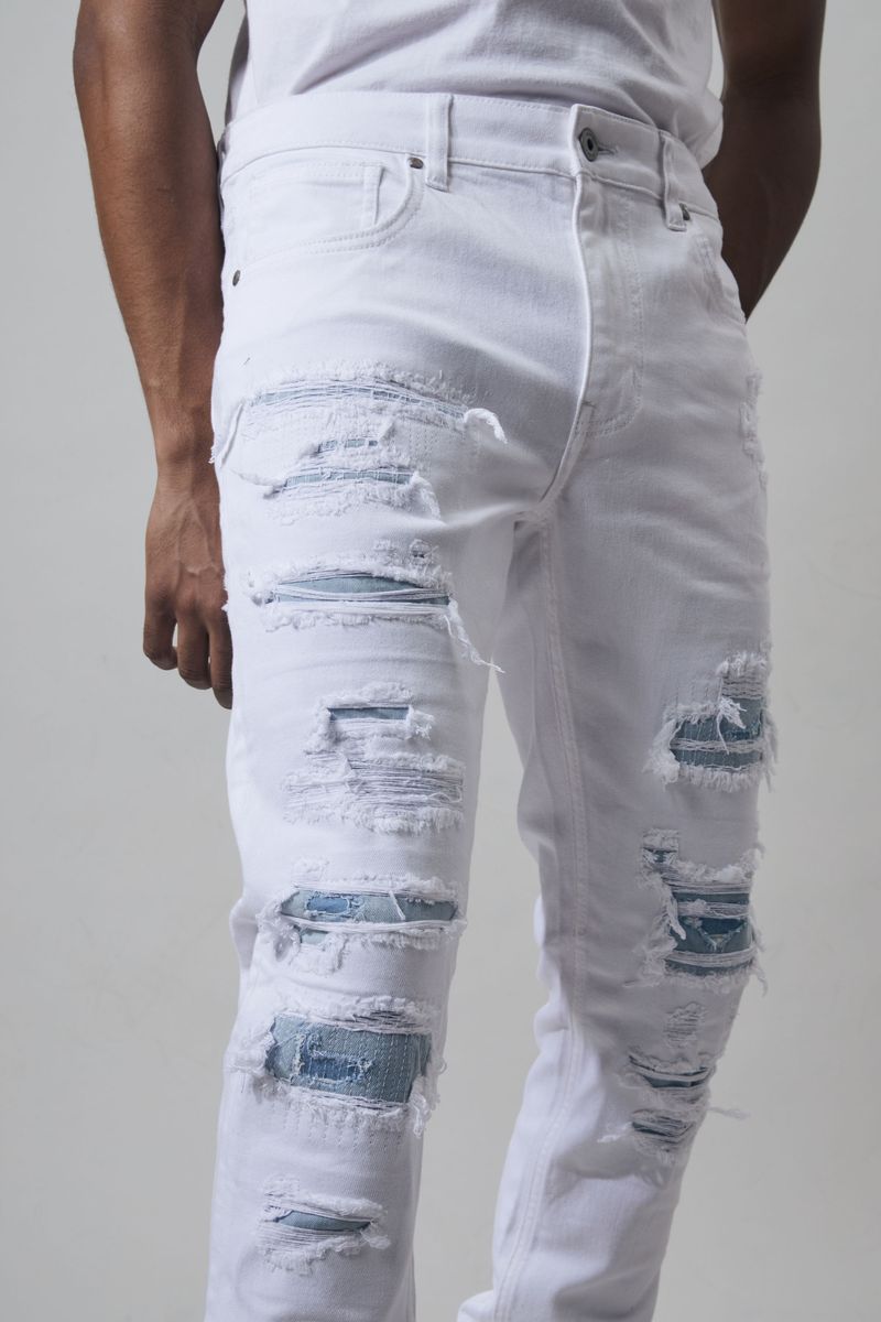 M SOCIETY Men's Denim Jeans W/ Rips & Repairs MS-80349 WHITE