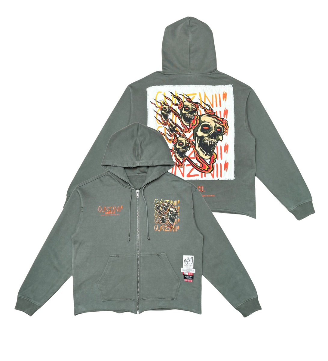 GUNZINII CROP ZINII SKULL FIRE ZIP DOWN HOODIE GZ507 OLIVE