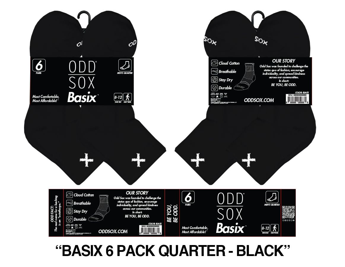 ODD SOX 6 pack mens black quarter sox