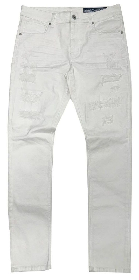 M SOCIETY Men's Denim Jeans W/ Rips & Repairs MS-80359 WHITE