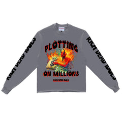 RICH PLOTTING ON MILLIONS CROPPED HEAVYWEIGHT LONG SLEEVE TEE GREY