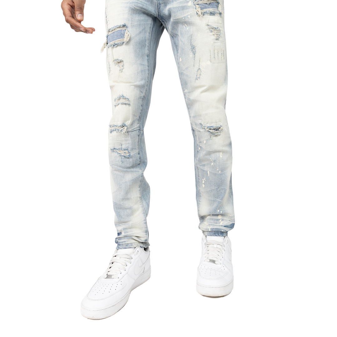SMOKE RISE VINTAGE RIP & REPAIR JEANS JP25211 AQUARIUS BLUE