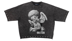 ROKU KID ANGEL ENZYME WASHED STUDDED CROPPED TEE RK1481632 WASHED BLACK