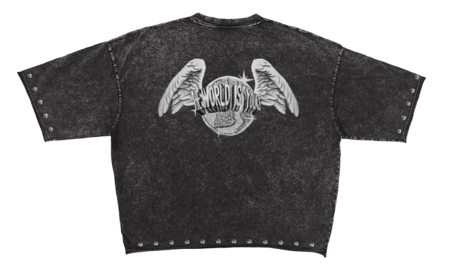 ROKU KID ANGEL ENZYME WASHED STUDDED CROPPED TEE RK1481632 WASHED BLACK