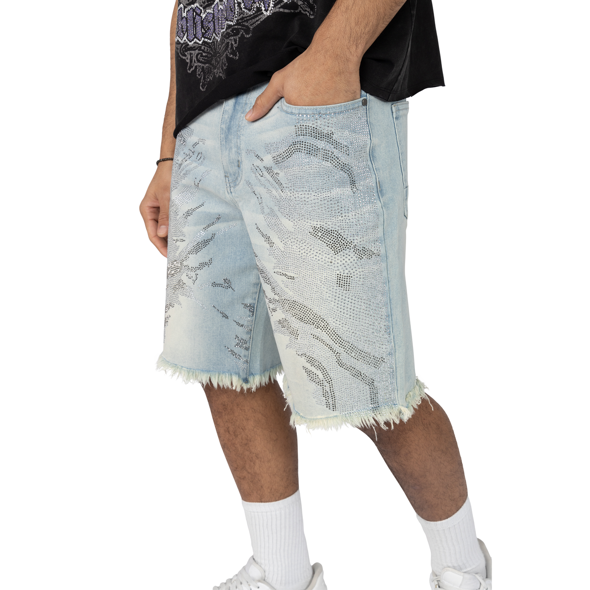 SMOKE RISE RHINESTONE FASHION DENIM SHORT JS25249 LUCENT BLUE