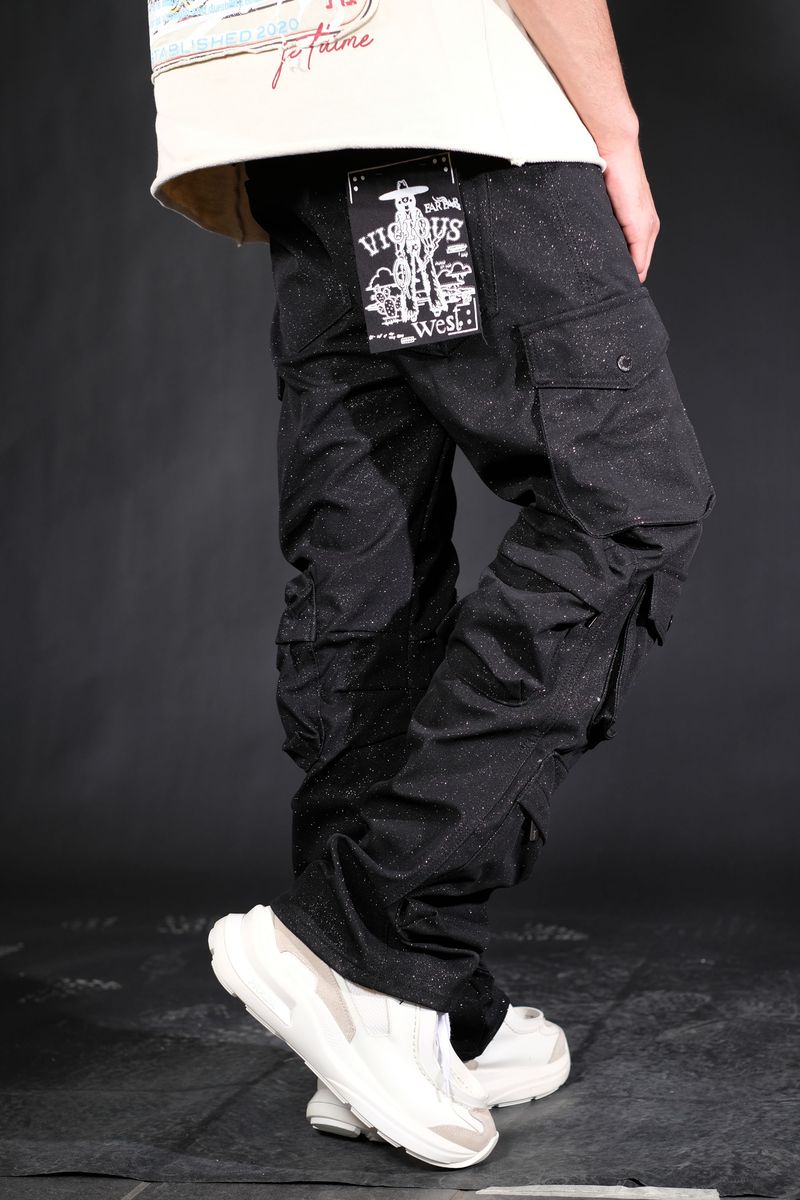 VISIOUS SHINY COATED MULTI CARGO RELAXED STRAIGHT JEANS VC679 BLACK
