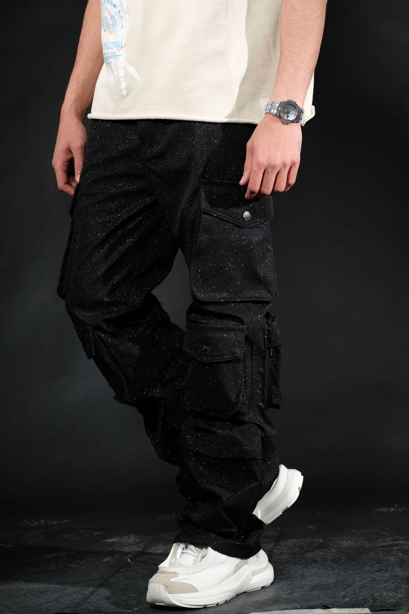 VISIOUS SHINY COATED MULTI CARGO RELAXED STRAIGHT JEANS VC679 BLACK