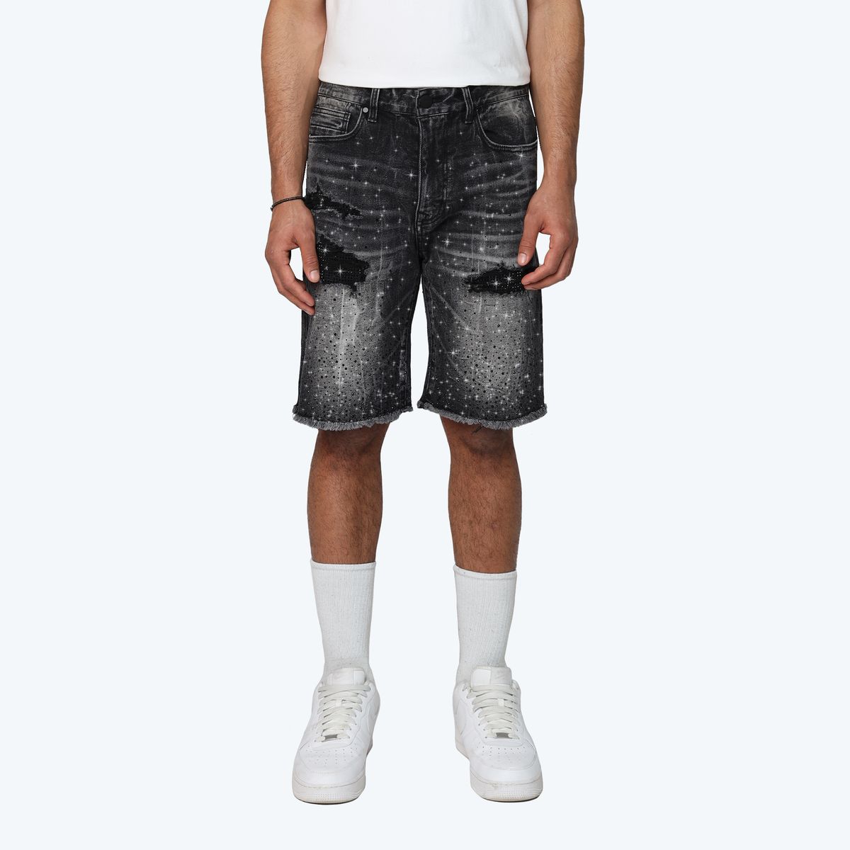 SMOKE RISE ALL RHINESTONE DENIM SHORT JS25339 HEMATITE BLACK
