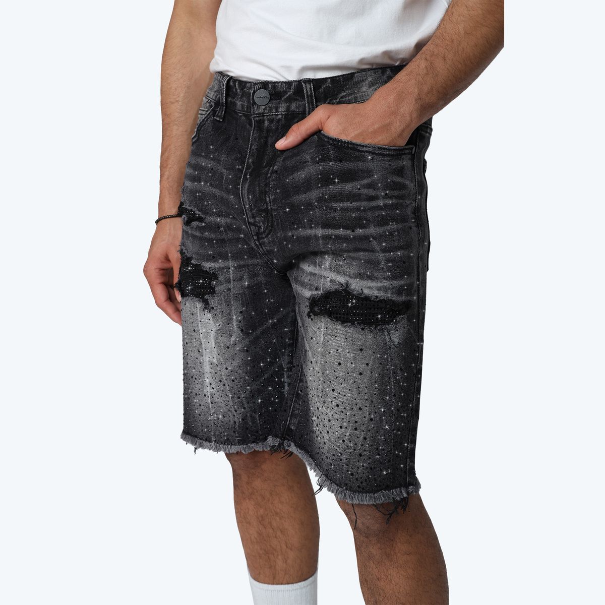 SMOKE RISE ALL RHINESTONE DENIM SHORT JS25339 HEMATITE BLACK