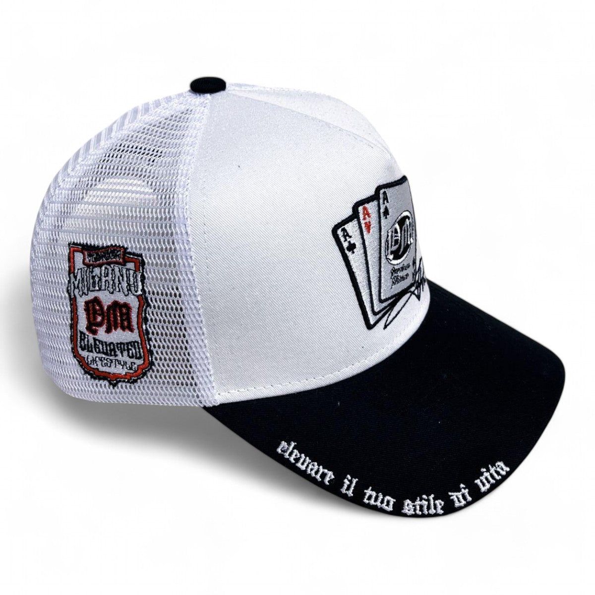 PREMIUM MILANO Aces 5-Panel Trucker Hat MACE102-WHT-BLK-RED