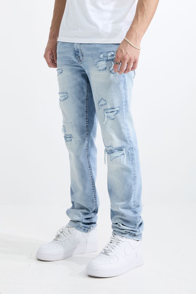 M.SOCIETY MEN'S STACKED FIT RIP AND REPAIR JEANS LT BLUE MS-80411