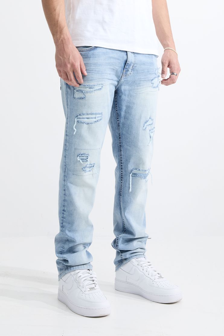 M.SOCIETY MEN'S STACKED FIT RIP AND REPAIR JEANS LT BLUE MS-80411