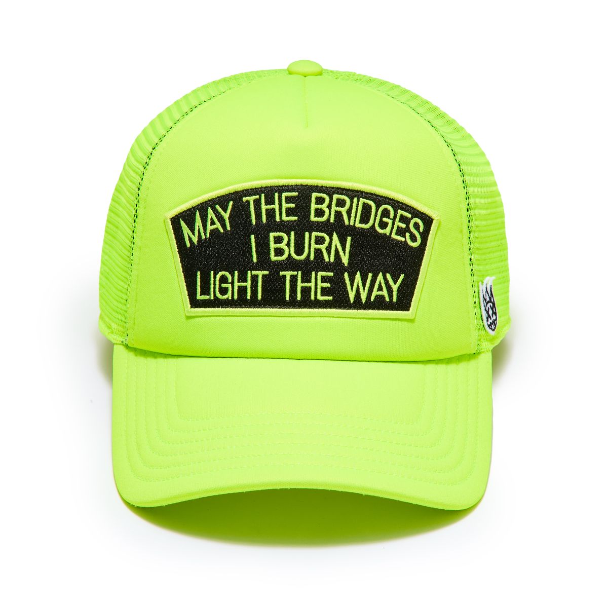 MAY THE BRIDGES I BURN" MESH BACK TRUCKER HAT (624BC-CH53) NEON YELLOW