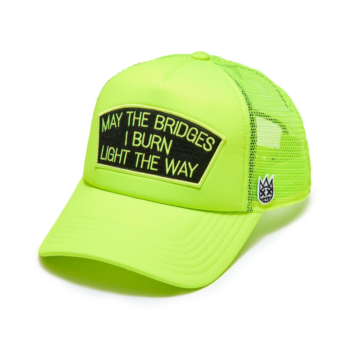 MAY THE BRIDGES I BURN" MESH BACK TRUCKER HAT (624BC-CH53) NEON YELLOW
