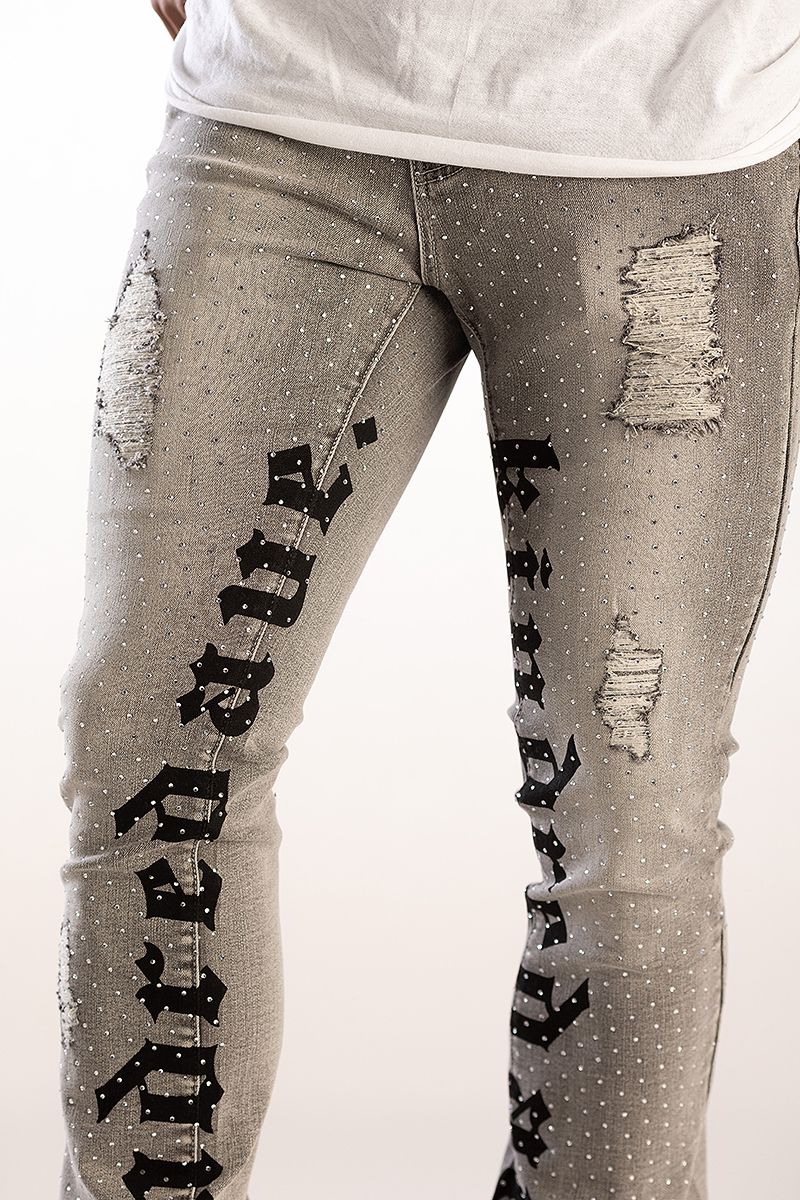 KINDRED JEANS RHINESTONE LETTER DENIM STACK JEANS KD2211 GREY