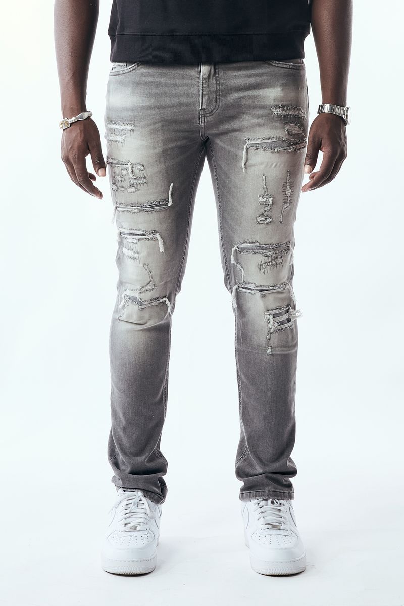 M.SOCIETY MEN'S STACKED FIT RIP AND REPAIR JEANS LIGHT GREY MS-80551