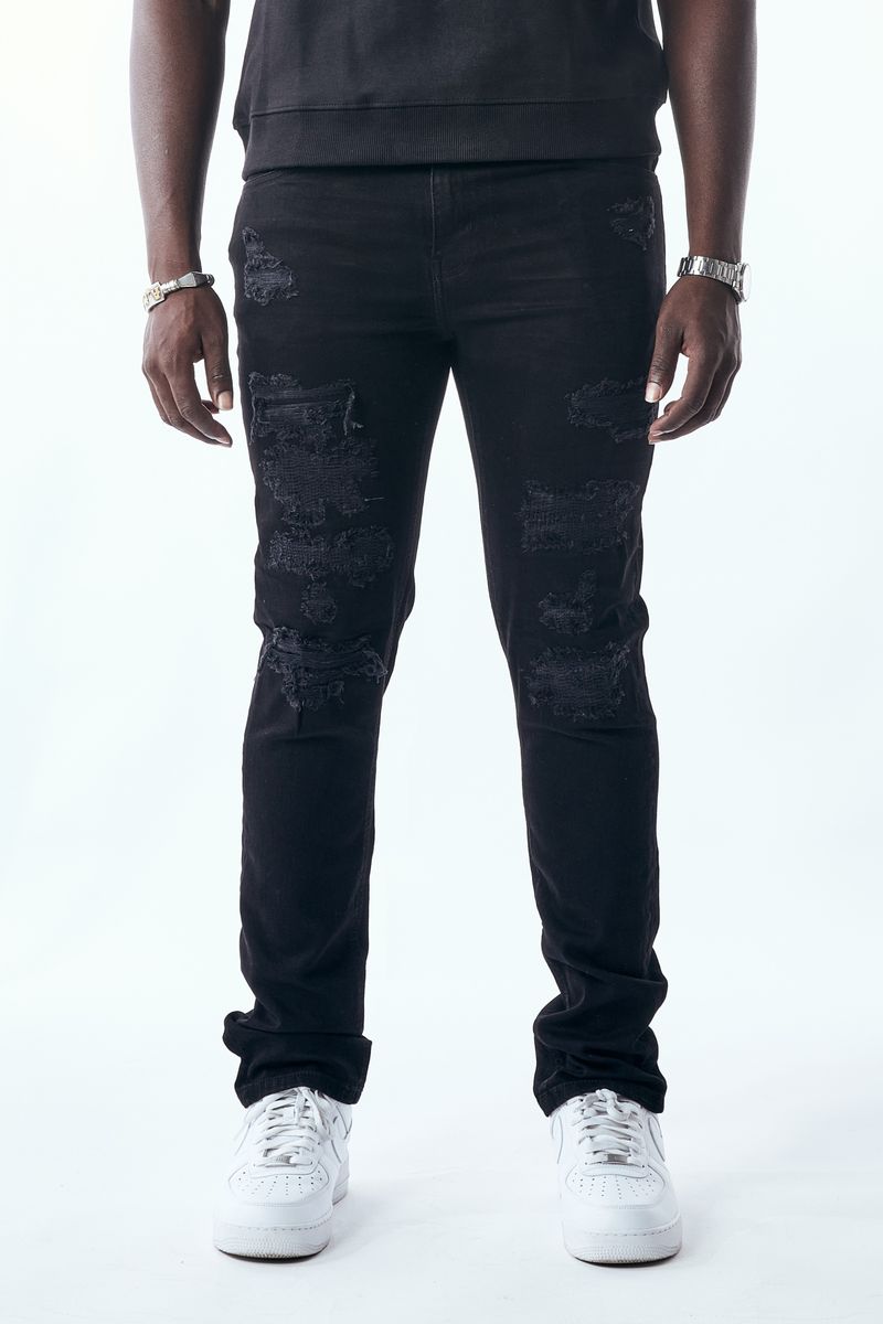 M.SOCIETY MEN'S STACKED FIT RIP AND REPAIR JEANS JET BLACK MS-80553