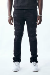 M.SOCIETY MEN'S STACKED FIT RIP AND REPAIR JEANS JET BLACK MS-80553