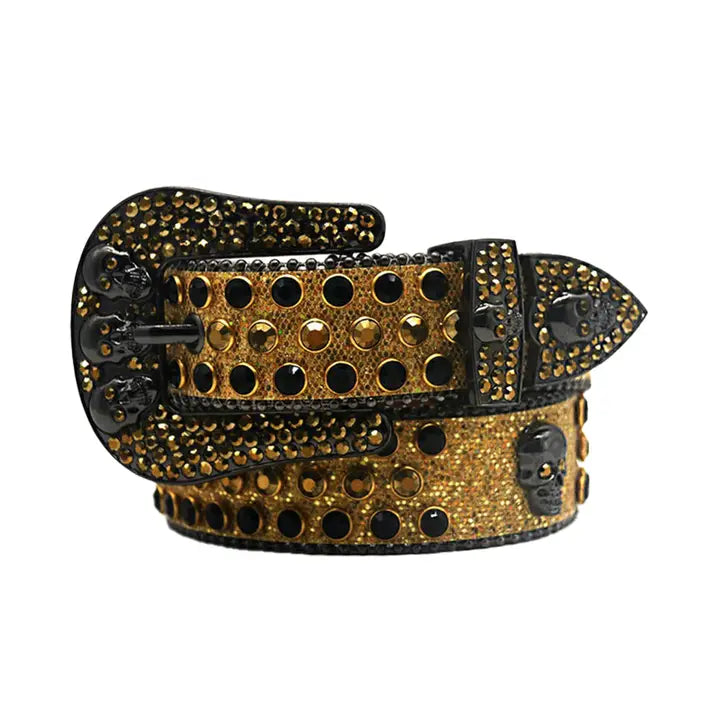 Rhinestone Gold Strap Skull Buckle with Black & Gold Rhinestone Belt