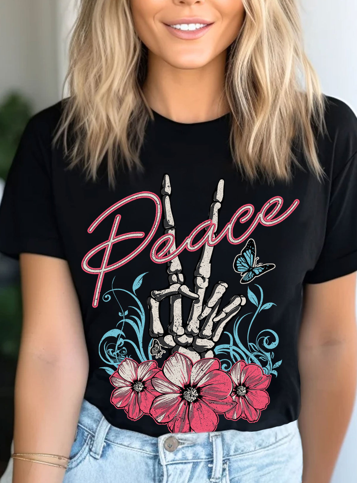 Rustee PEACE SKELETON WITH FLOWERS GRAPHIC TSHIRTS U0092