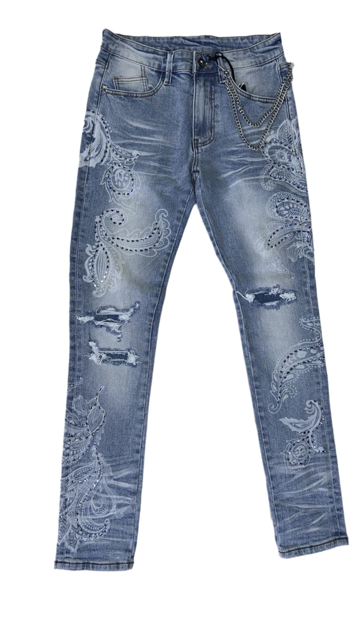 KDNKLACE PRINT RHINESTONE JEANS KND4851 BLUE