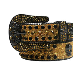 Rhinestone Gold Strap Skull Buckle with Black & Gold Rhinestone Belt