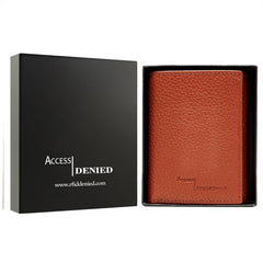 Access Denied Genuine Leather Trifold Leather Id Wallet For Men Rfid Block TAN -Pebble