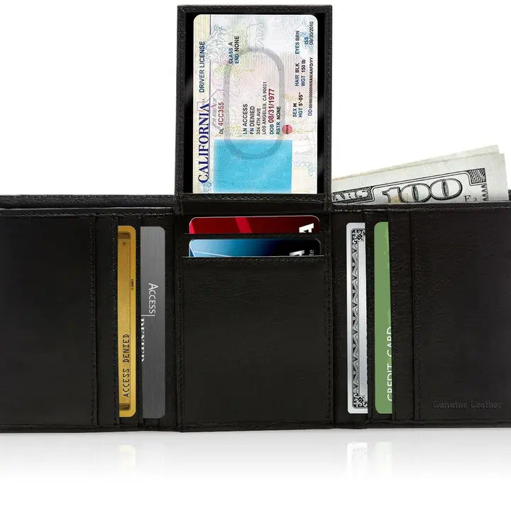 Access Denied Genuine Leather Trifold Leather Id Wallet For Men Rfid Block