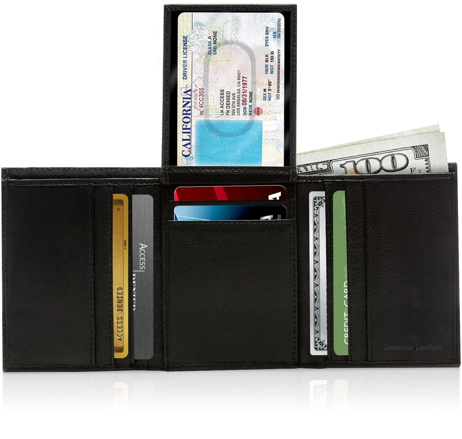 Access Denied Genuine Leather Trifold Leather Id Wallet For Men Rfid Block