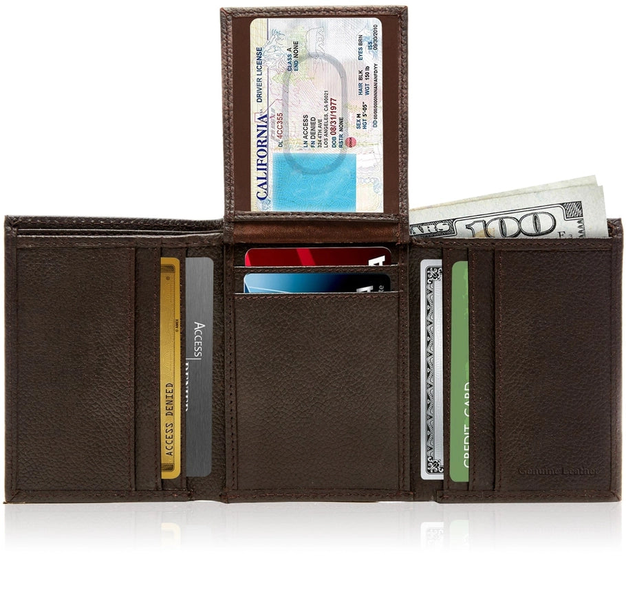 Access Denied Genuine Leather Trifold Leather Id Wallet For Men Rfid Block Brown-Pebble