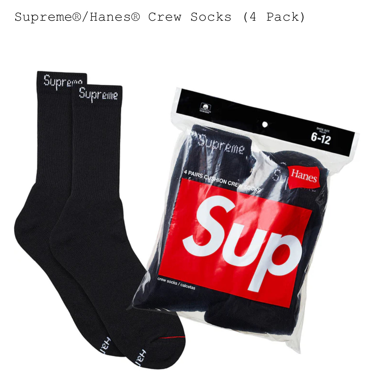 Supreme®/Hanes® Crew Socks 4 Pack Black