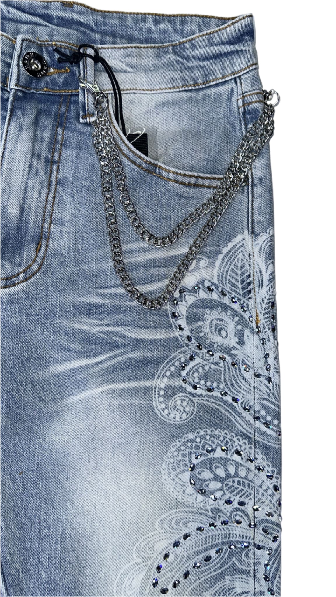 KDNKLACE PRINT RHINESTONE JEANS KND4851 BLUE
