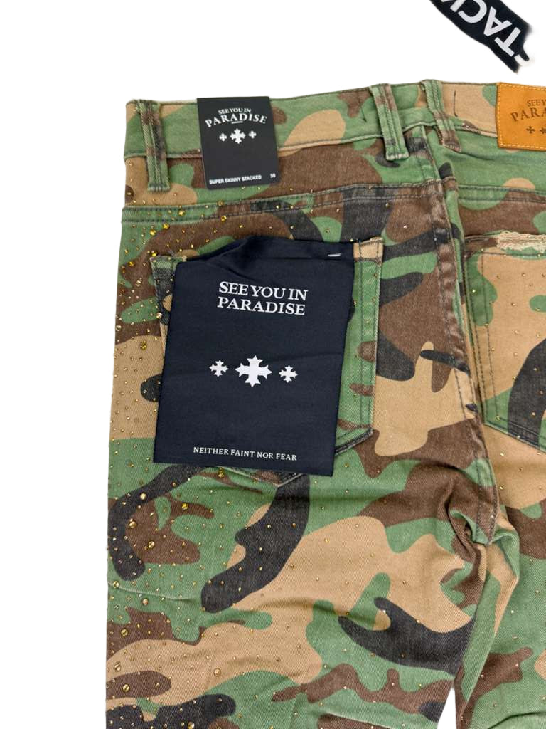 SEE YOU IN PARADISE PLEATS AND CRYSTALS JTFP2323C VINTAGE CAMO PANTS
