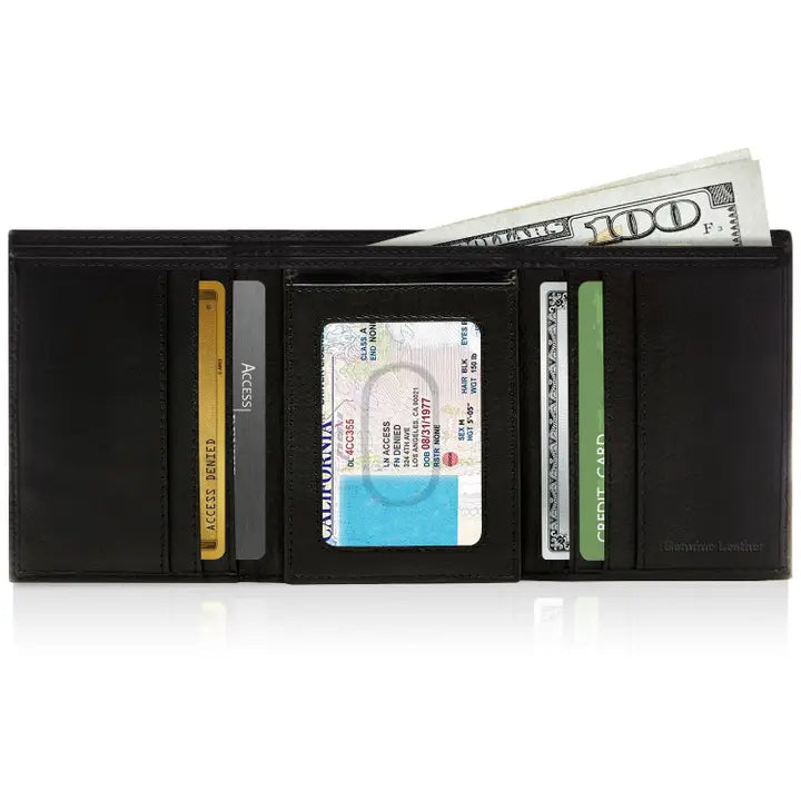 Access Denied Genuine Leather Trifold Leather Id Wallet For Men Rfid Block